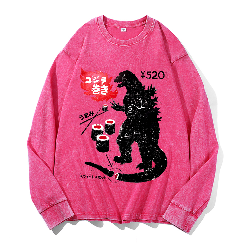 Kaiju Sushi Vintage Cotton Wash Crewneck Long-Sleeve T-Shirt