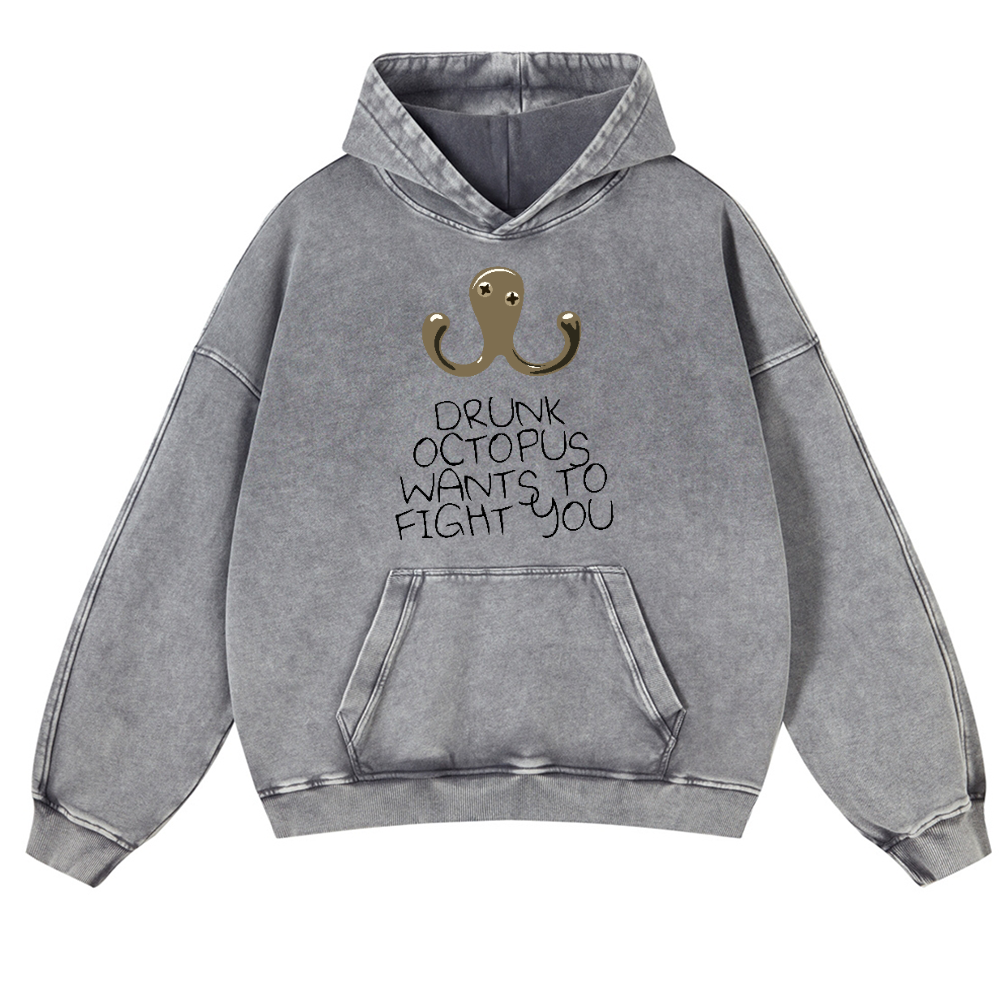 Drunken Octopus Vintage Washed Thick Cotton Hoodie