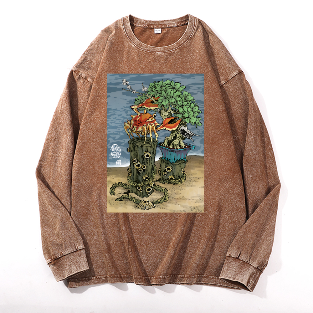 Bonsai Vintage Cotton Wash Crewneck Long-Sleeve T-Shirt