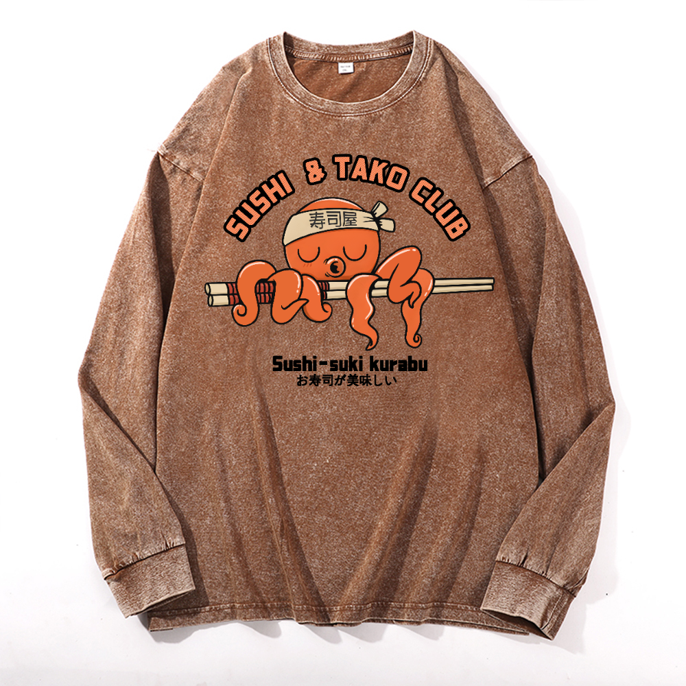 Sushi and Tako Octopus Vintage Cotton Wash Crewneck Long-Sleeve T-Shirt