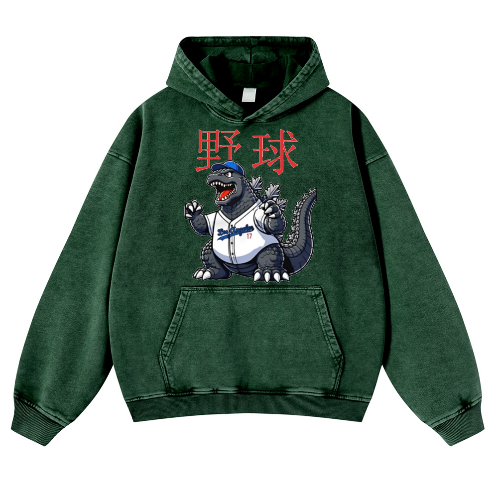 Kaiju Baseball Adventure Vintage Washed Thick Cotton Hoodie