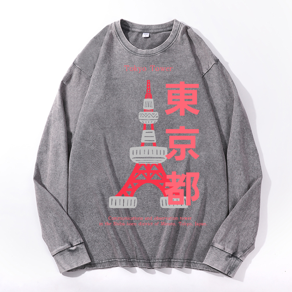 Tokyo Tower Vintage Cotton Wash Crewneck Long-Sleeve T-Shirt