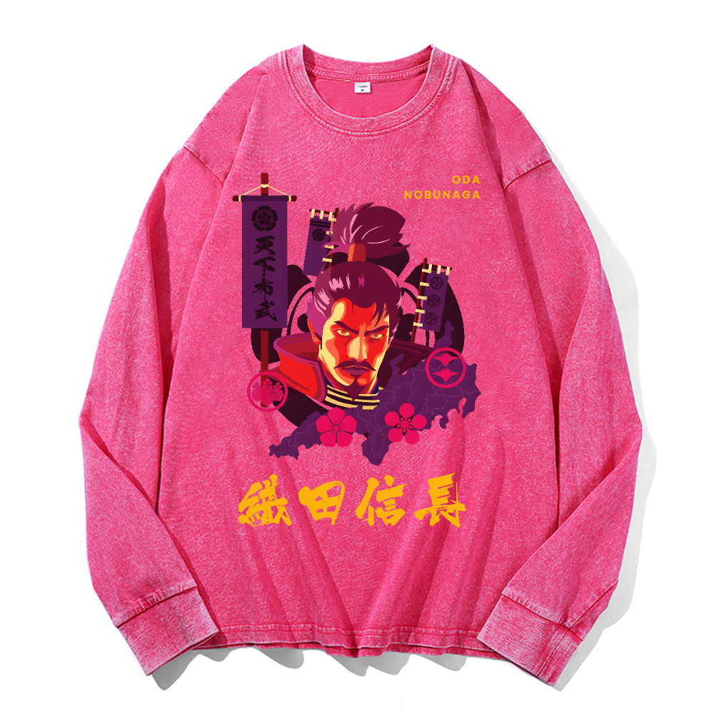 Oda Nobunaga Vintage Cotton Wash Crewneck Long-Sleeve T-Shirt