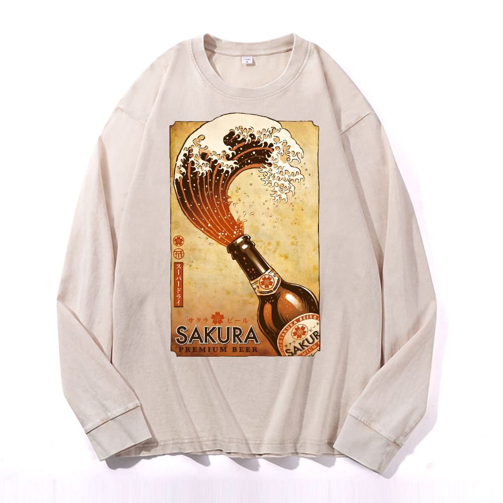 Sakura Wave Vintage Cotton Wash Crewneck Long-Sleeve T-Shirt