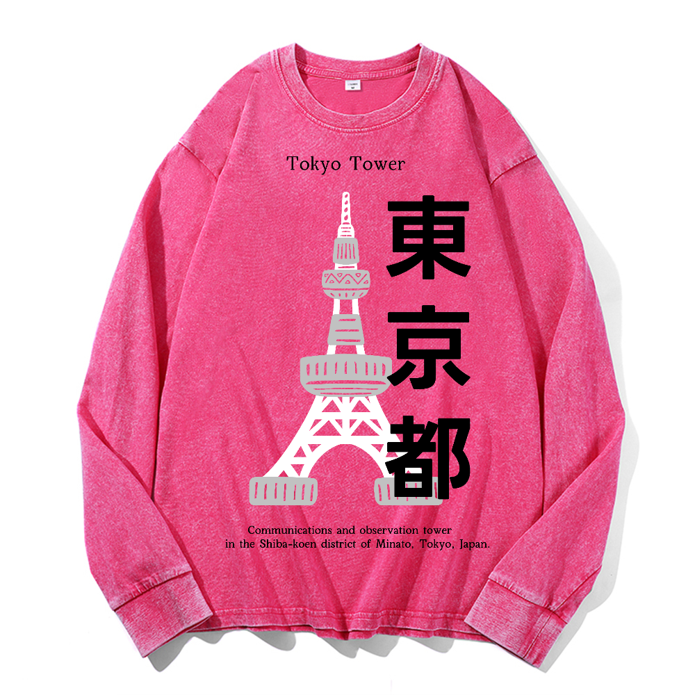 Tokyo Tower Vintage Cotton Wash Crewneck Long-Sleeve T-Shirt