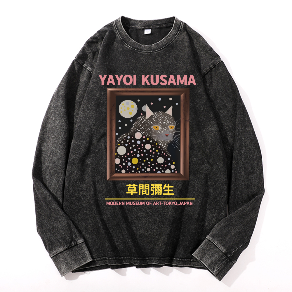 Yayoi Kusama Cat Vintage Cotton Wash Crewneck Long-Sleeve T-Shirt