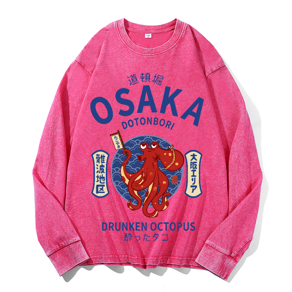 Osaka Dotonbori Drunken Octopus Vintage Cotton Wash Crewneck Long-Sleeve T-Shirt
