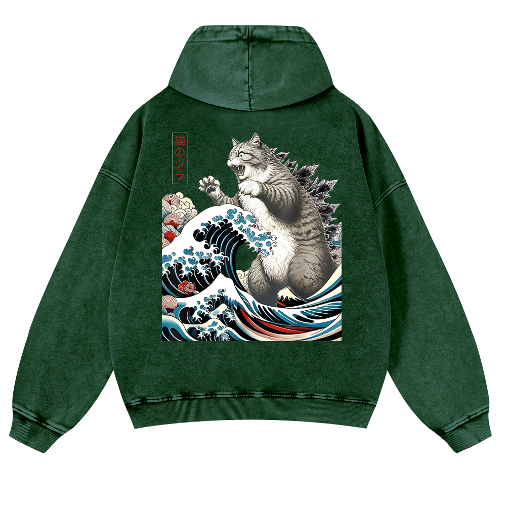 Cat Kaiju Ukiyoe Great Wave Vintage Washed Cotton Back Art Hoodie