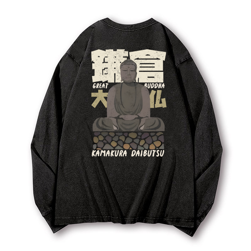 Buddhism Kamakura Daibutsu Great Buddha Vintage Washed Cotton Back Art Long-sleeve T-shirt