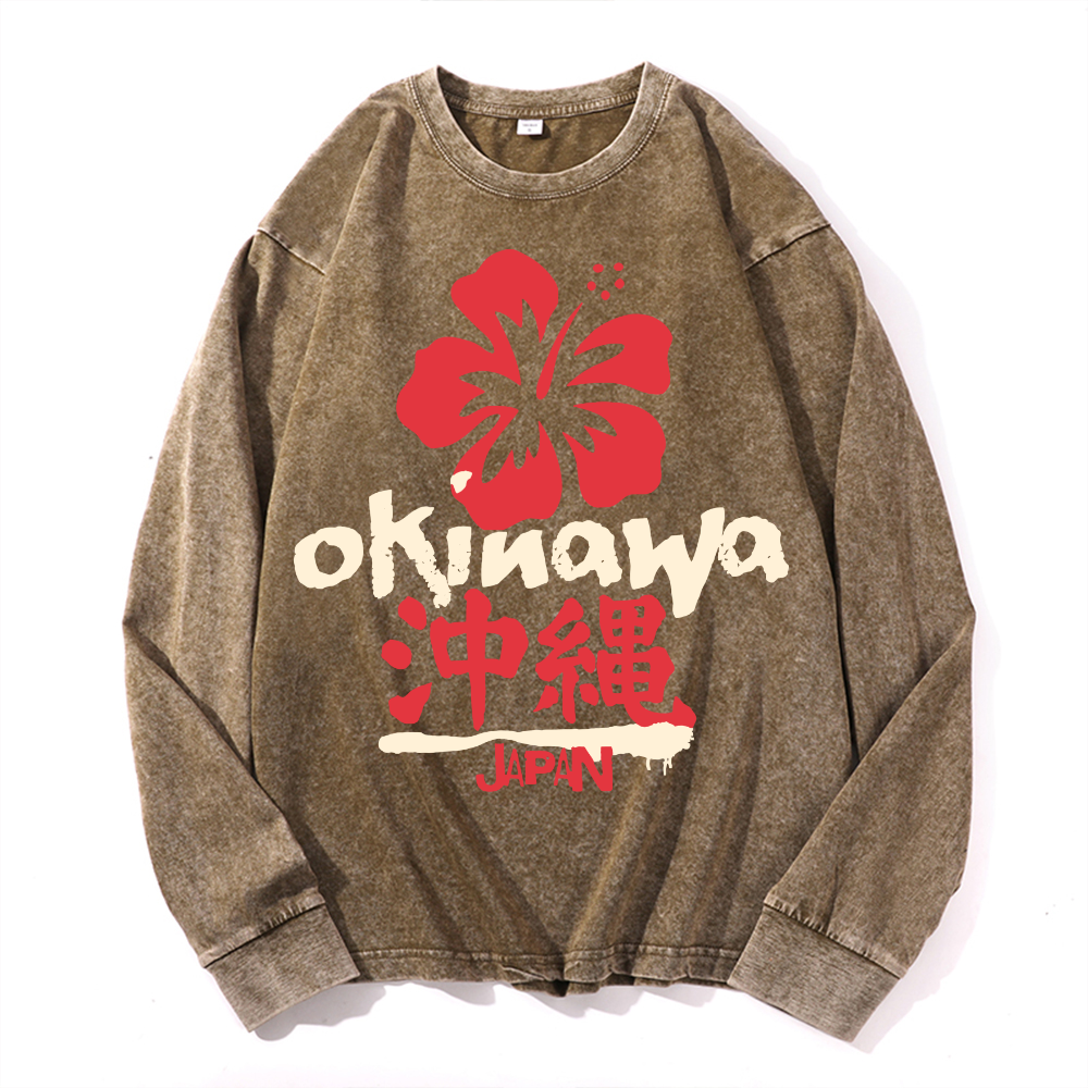 Okinawa Japan Vintage Cotton Wash Crewneck Long-Sleeve T-Shirt