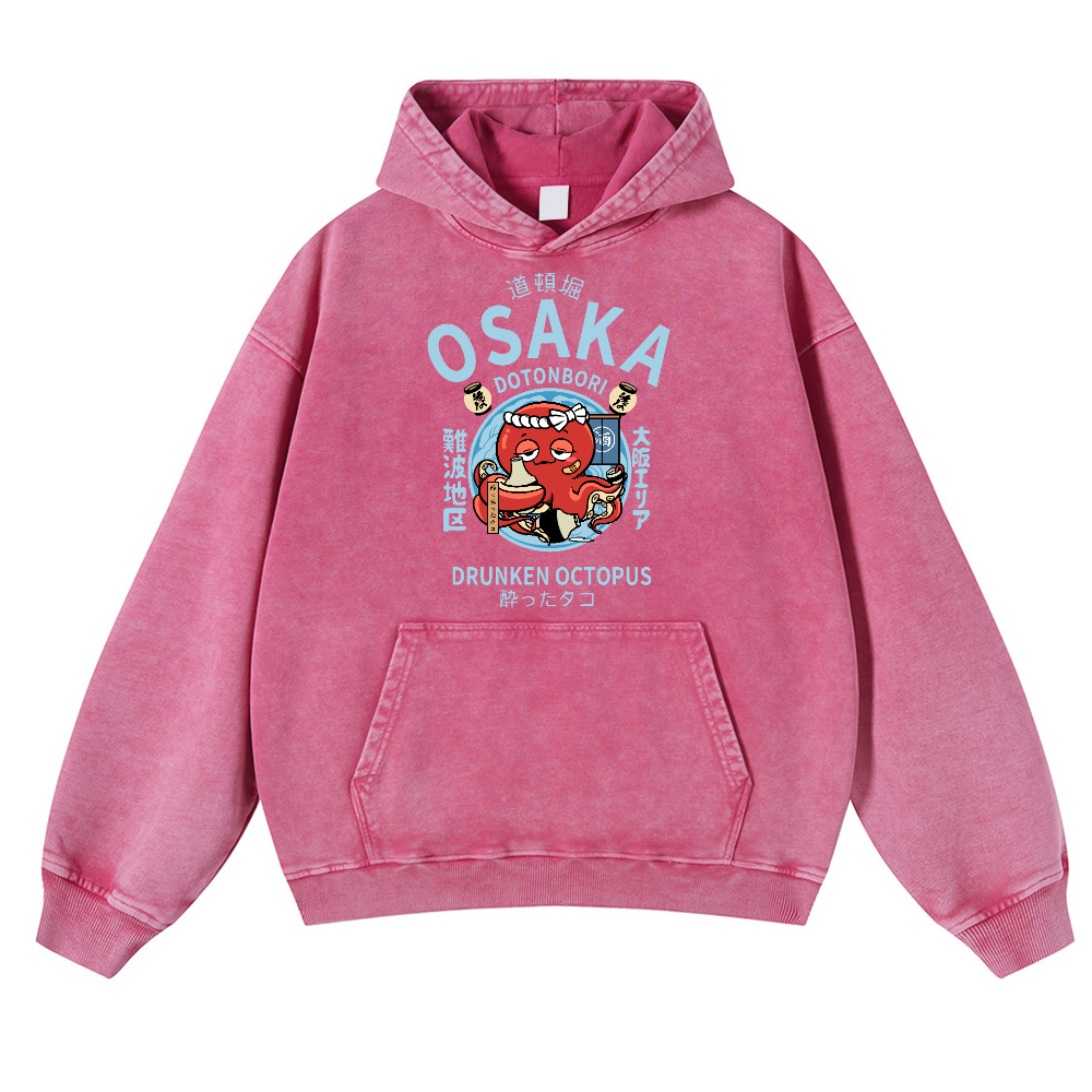 Osaka Dotonbori Drunken Octopus Vintage Washed Thick Cotton Hoodie