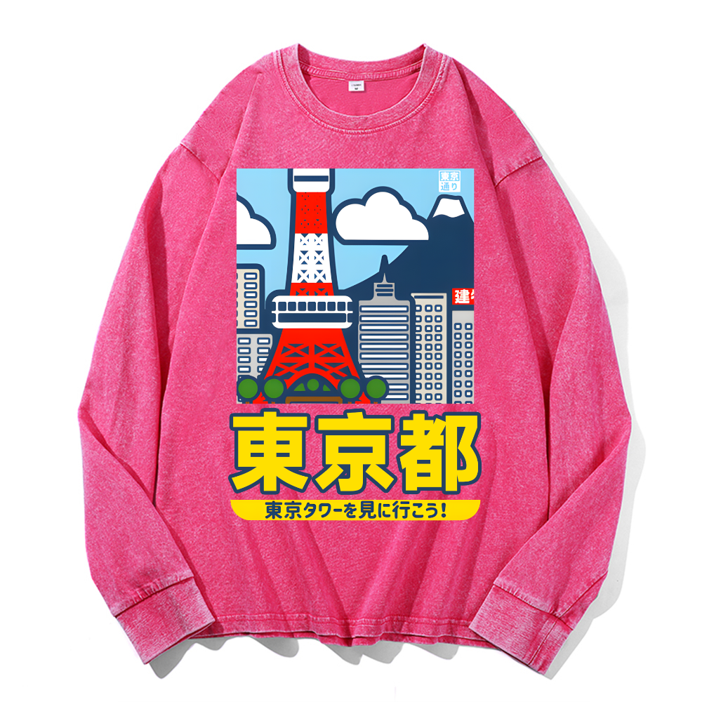Tokyo Tower Vintage Cotton Wash Crewneck Long-Sleeve T-Shirt