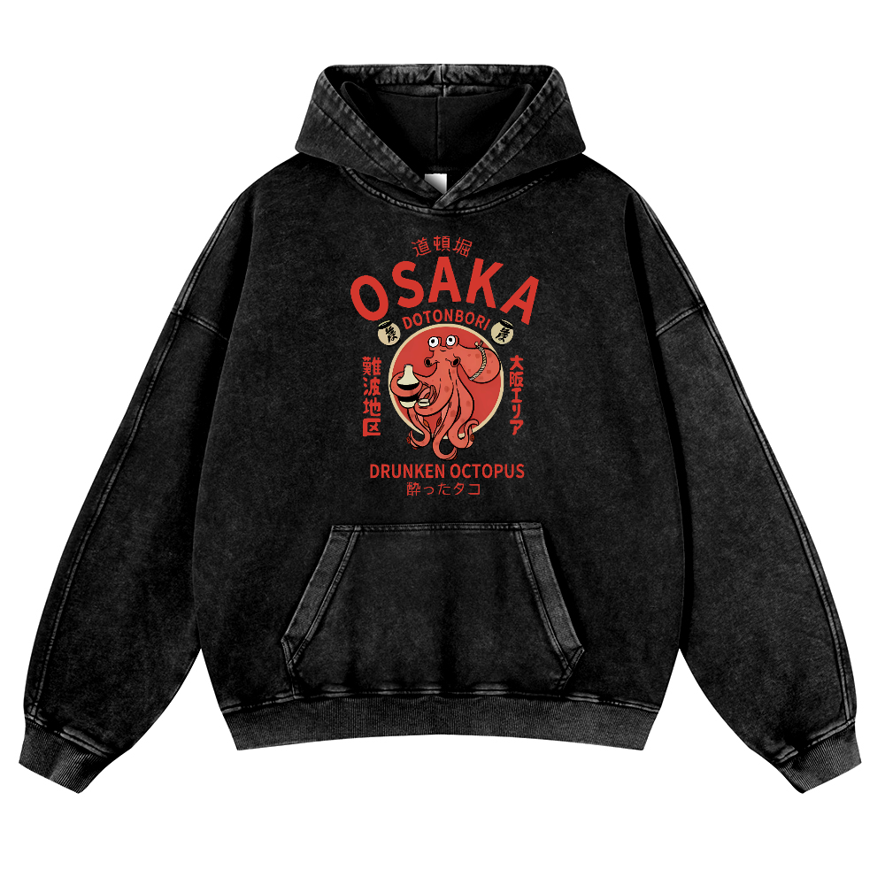 Osaka Dotonbori Drunken Octopus Vintage Washed Thick Cotton Hoodie