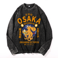 Osaka Dotonbori Drunken Octopus Vintage Cotton Wash Crewneck Long-Sleeve T-Shirt