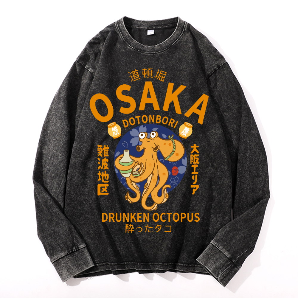 Osaka Dotonbori Drunken Octopus Vintage Cotton Wash Crewneck Long-Sleeve T-Shirt
