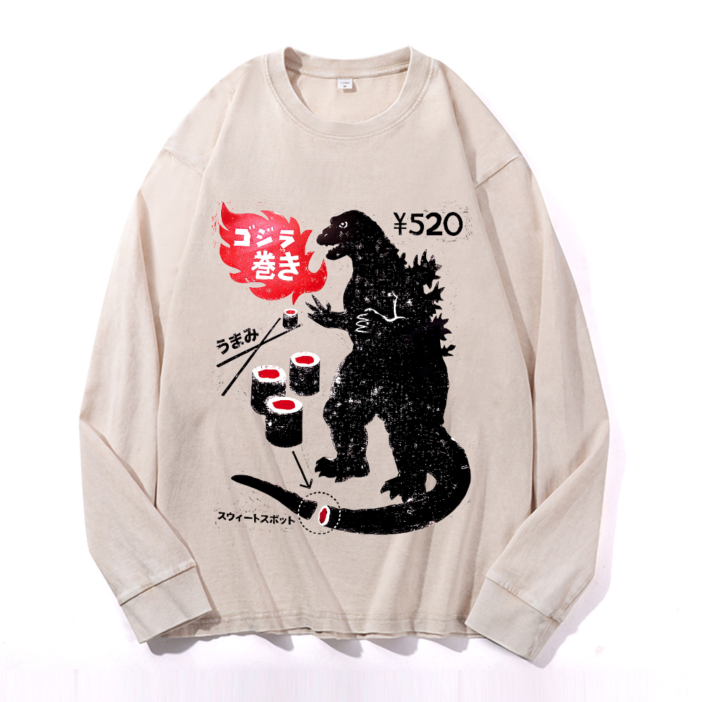 Kaiju Sushi Vintage Cotton Wash Crewneck Long-Sleeve T-Shirt