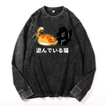 Cat Vintage Cotton Wash Crewneck Long-Sleeve T-Shirt