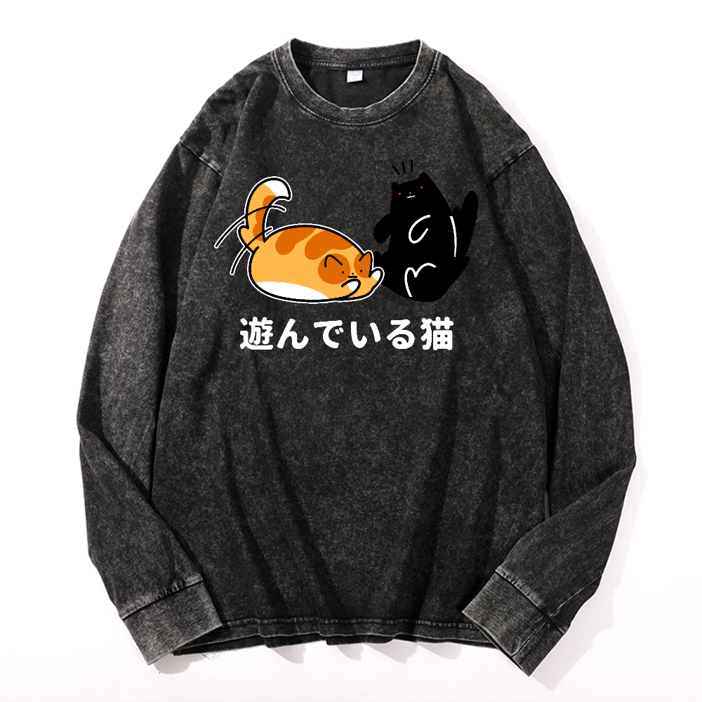 Cat Vintage Cotton Wash Crewneck Long-Sleeve T-Shirt