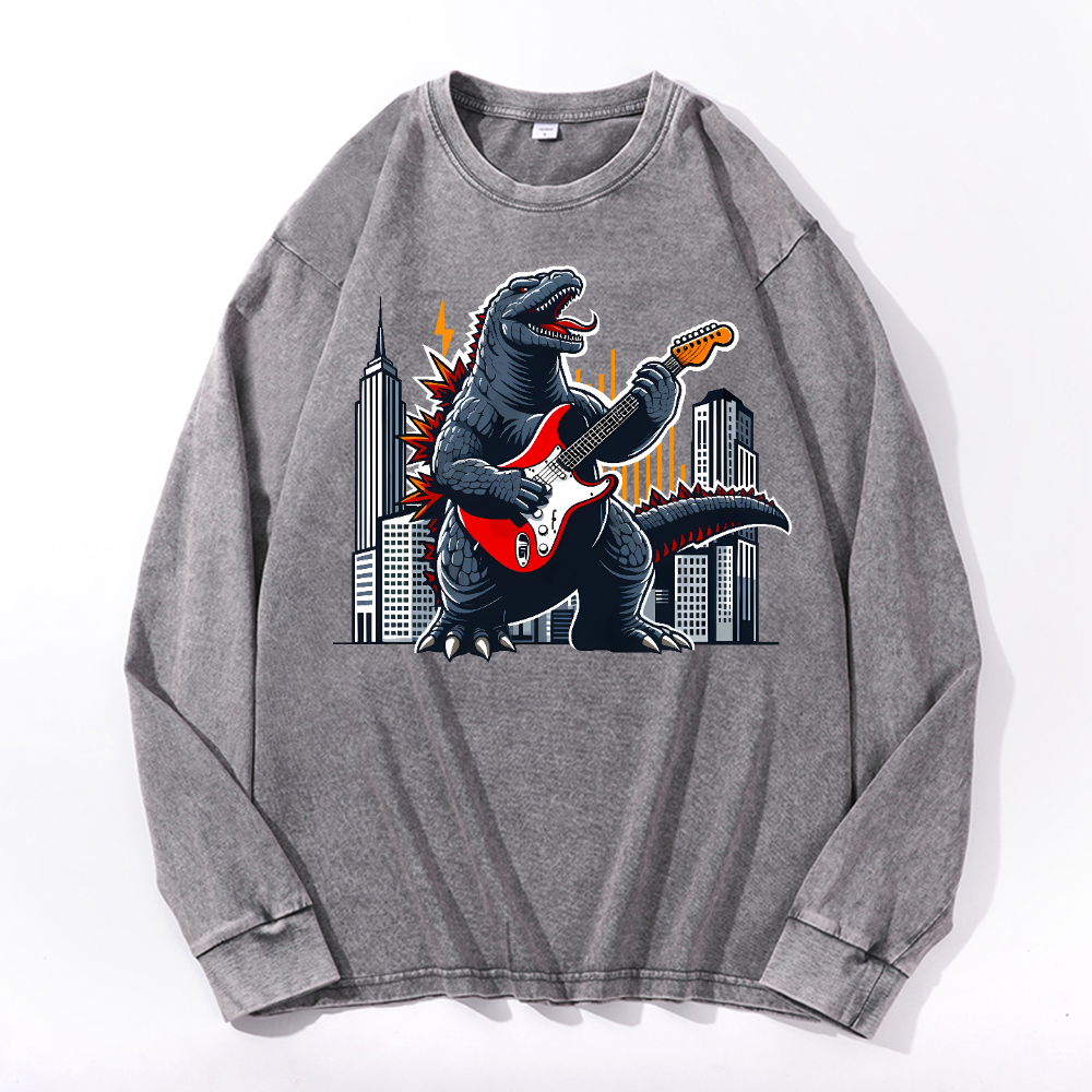 Rock Kaiju Vintage Cotton Wash Crewneck Long-Sleeve T-Shirt