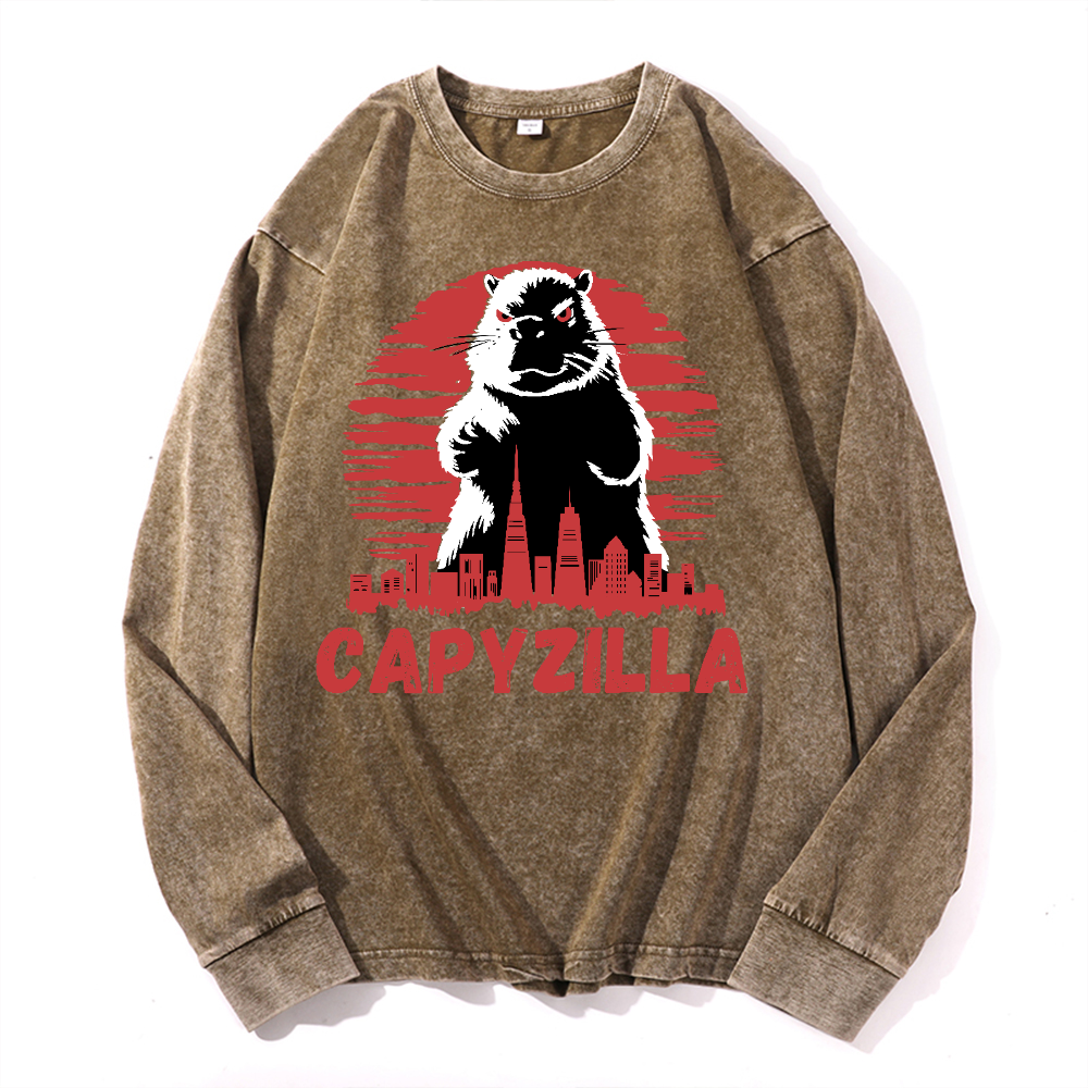 Capybara Kaiju Capyzilla Vintage Cotton Wash Crewneck Long-Sleeve T-Shirt