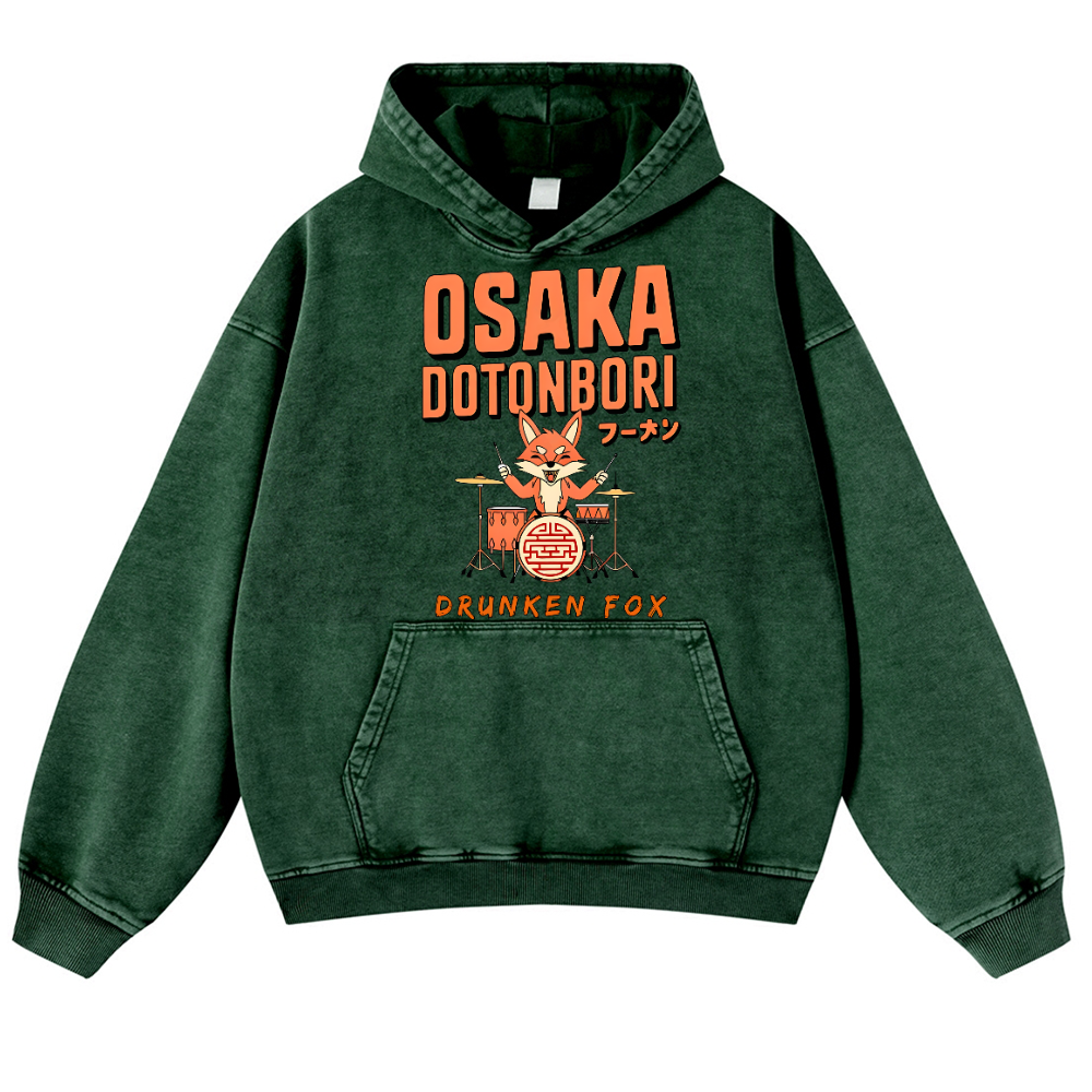 Osaka Dotonbori Drunken Fox Vintage Washed Thick Cotton Hoodie