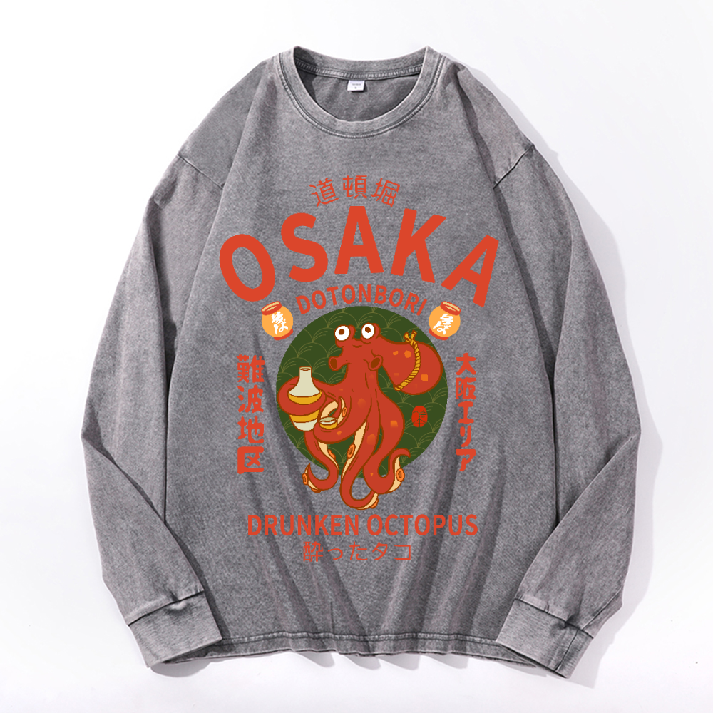 Osaka Dotonbori Drunken Octopus Vintage Cotton Wash Crewneck Long-Sleeve T-Shirt