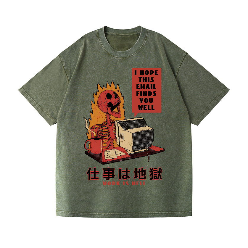 Skull Work Is Hell Vintage Wash Japanese Design T-Shirt