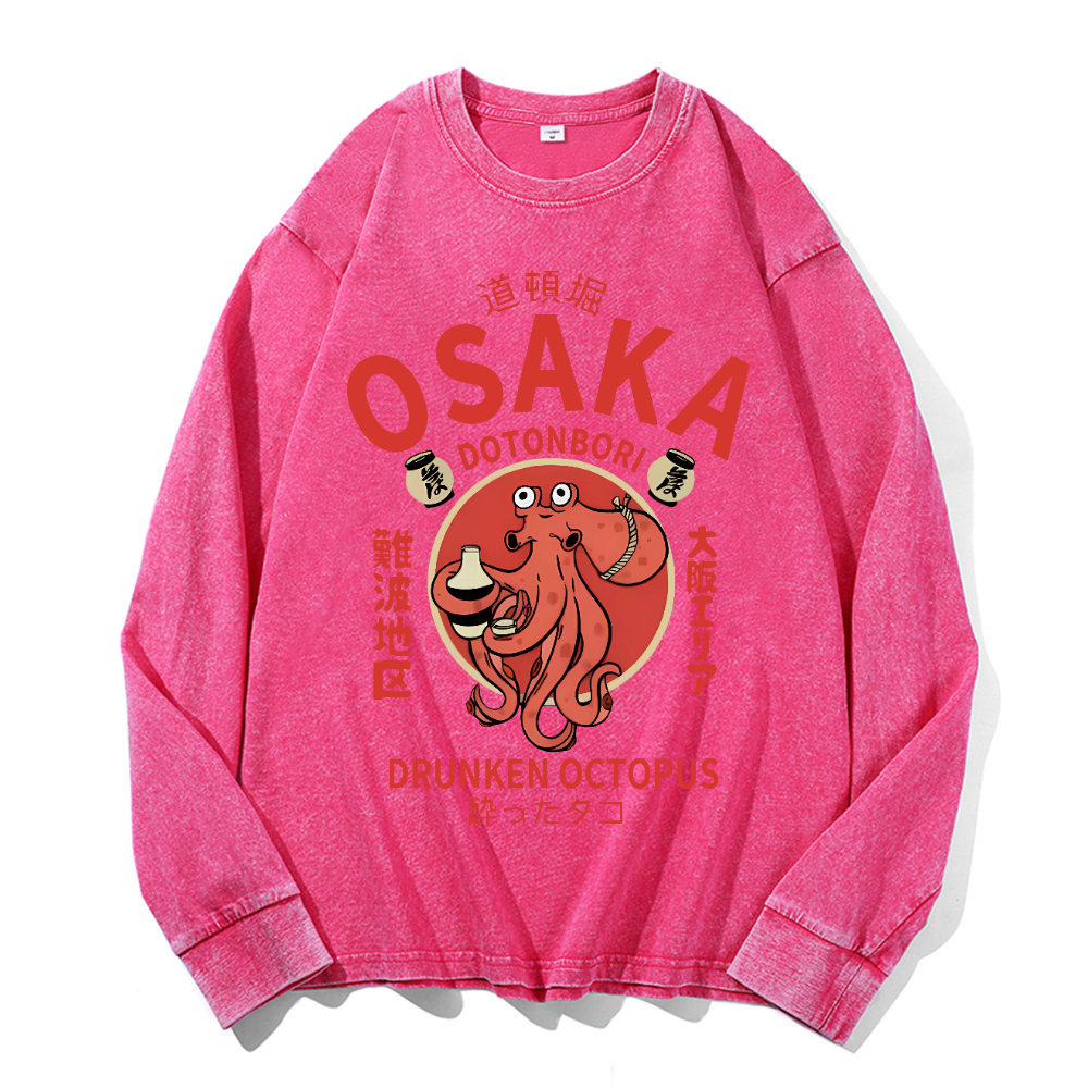 Osaka Dotonbori Drunken Octopus Vintage Cotton Wash Crewneck Long-Sleeve T-Shirt