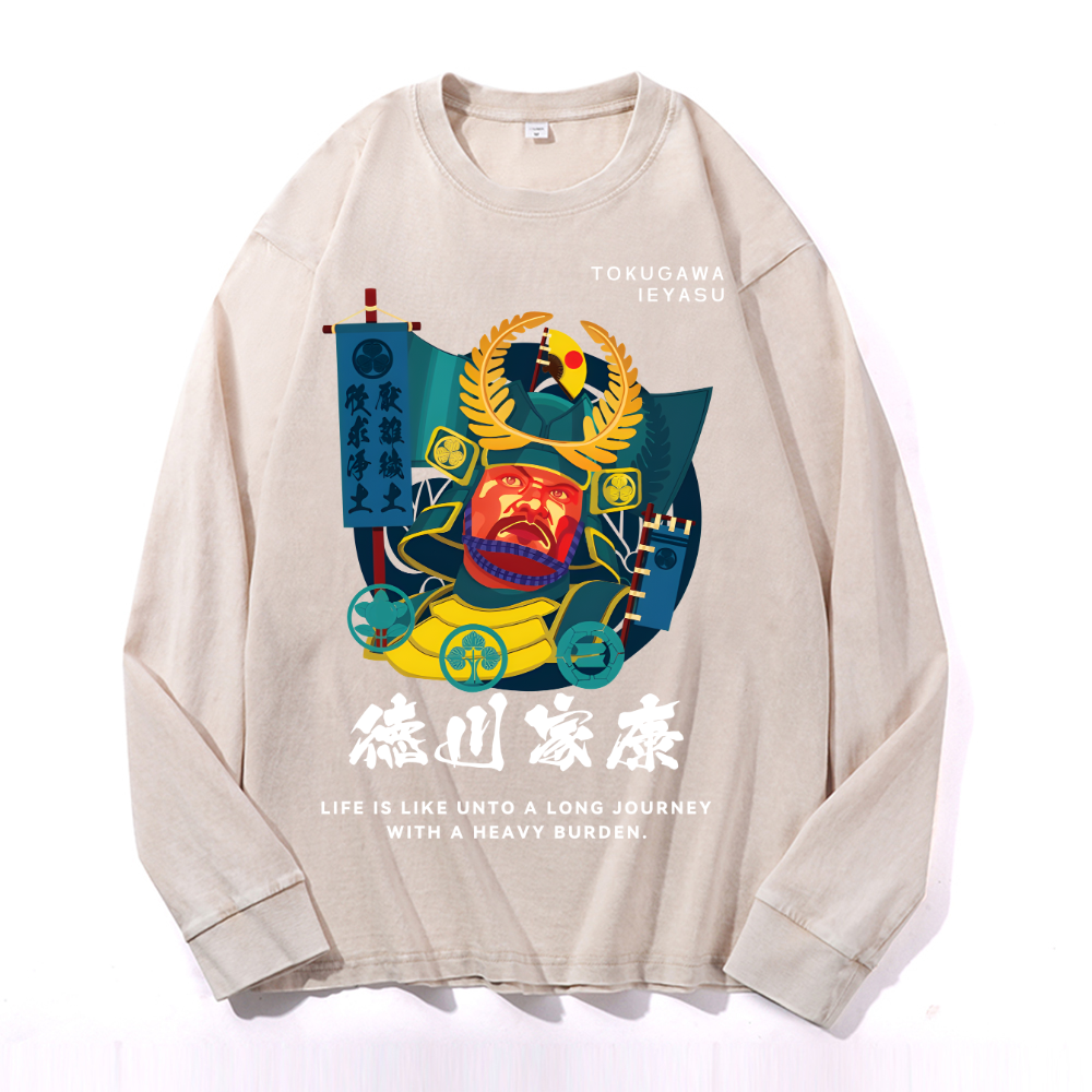 Tokugawa Ieyasu Vintage Cotton Wash Crewneck Long-Sleeve T-Shirt