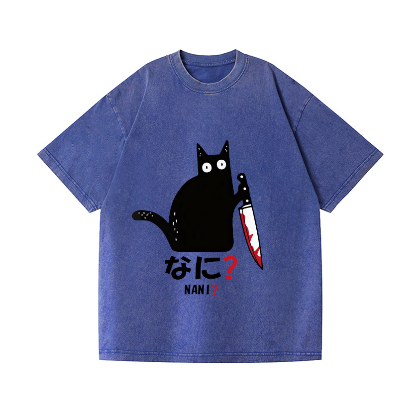 The Black Cat with a Knife Vintage Wash Japanese Design T-Shirt