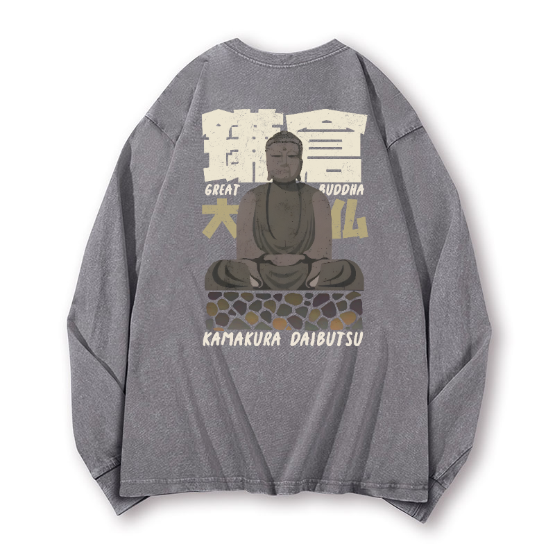 Buddhism Kamakura Daibutsu Great Buddha Vintage Washed Cotton Back Art Long-sleeve T-shirt