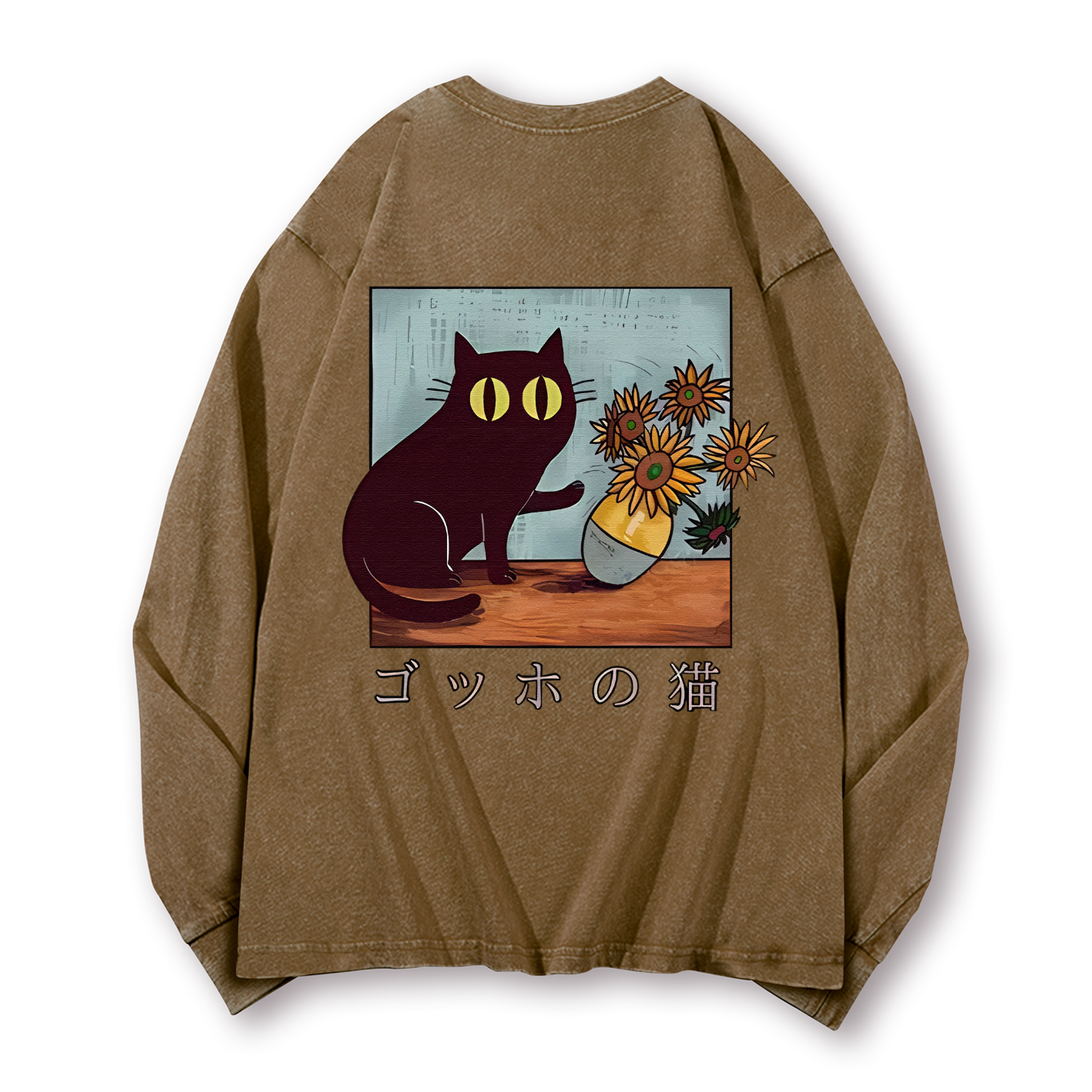 Cat Vintage Washed Cotton Back Art Long-sleeve T-shirt