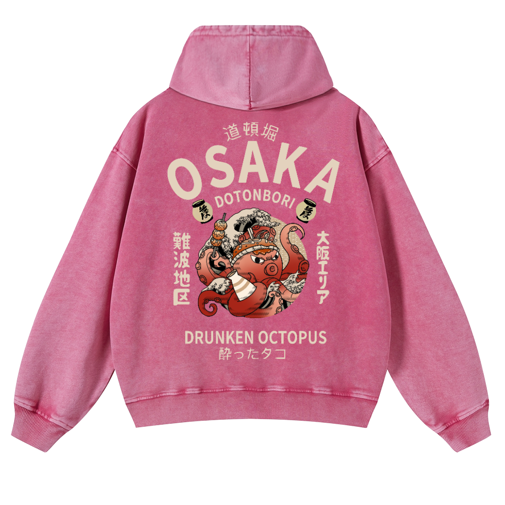 Osaka Dotonbori Drunken Octopus Vintage Washed Cotton Back Art Hoodie