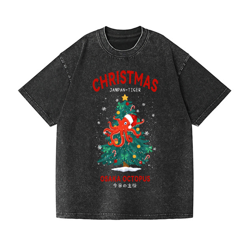 Christmas Octopus Vintage Wash Japanese Design T-Shirt