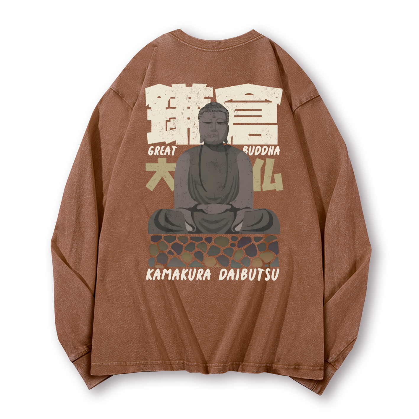 Buddhism Kamakura Daibutsu Great Buddha Vintage Washed Cotton Back Art Long-sleeve T-shirt