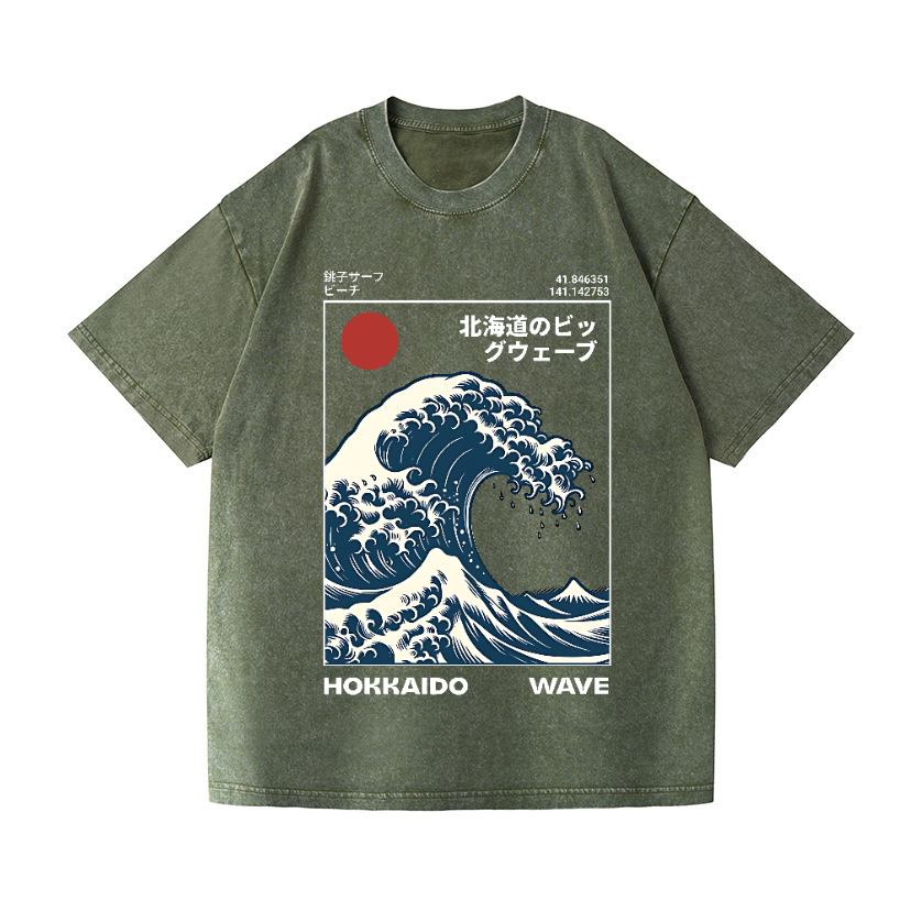 Hokkaido Wave Ukiyoe Vintage Wash Japanese Design T-Shirt