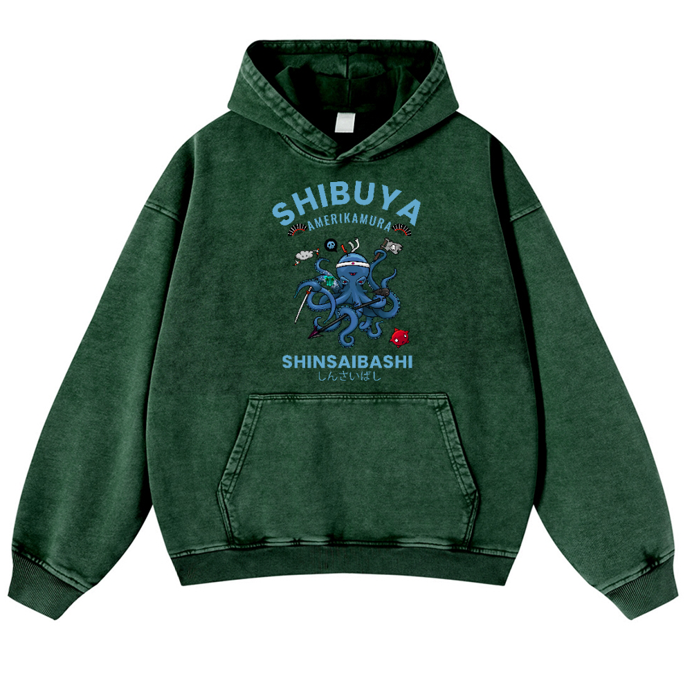 Shibuya Octopus Vintage Washed Thick Cotton Hoodie
