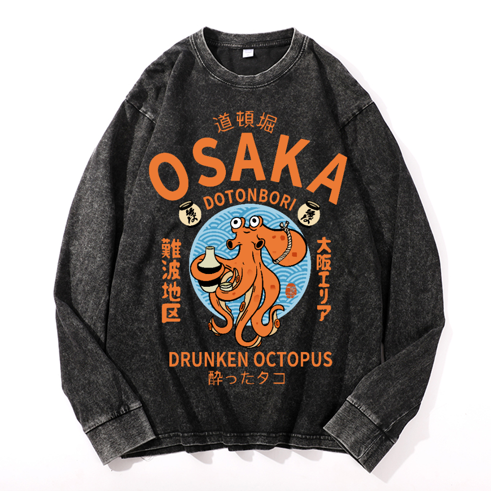 Osaka Drunken Octopus Vintage Cotton Wash Crewneck Long-Sleeve T-Shirt