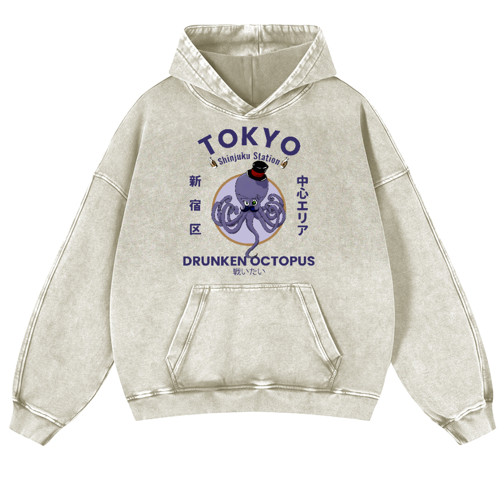 Tokyo Drunken Octopus Vintage Washed Thick Cotton Hoodie