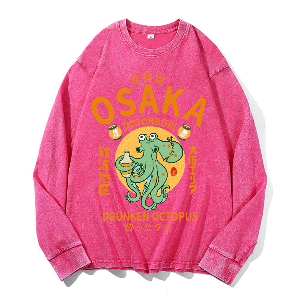 Osaka Dotonbori Drunken Octopus Vintage Cotton Wash Crewneck Long-Sleeve T-Shirt