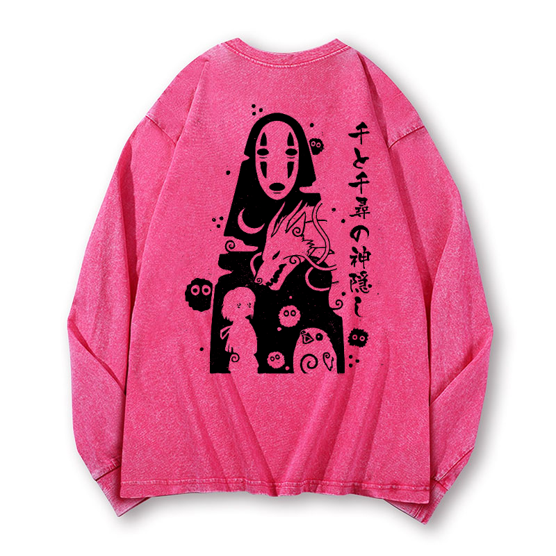 Ghibli No Face Kaonashi Vintage Washed Cotton Back Art Long-sleeve T-shirt