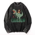 Cat T-Rex Vintage Cotton Wash Crewneck Long-Sleeve T-Shirt