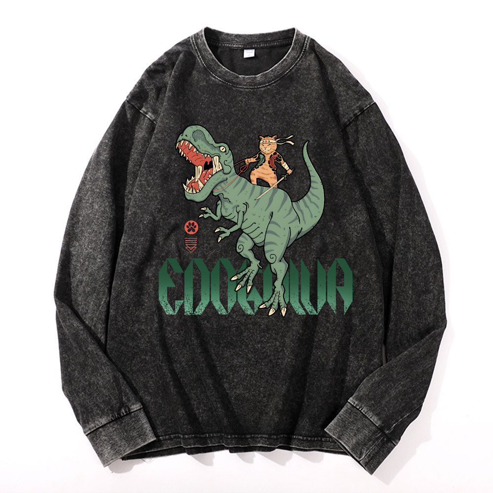 Cat T-Rex Vintage Cotton Wash Crewneck Long-Sleeve T-Shirt
