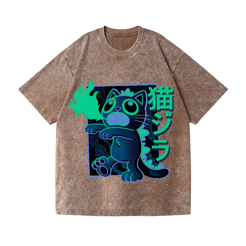 Cat Kaiju Vintage Wash Japanese Design T-Shirt