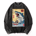 Shark Ukiyoe Vintage Cotton Wash Crewneck Long-Sleeve T-Shirt