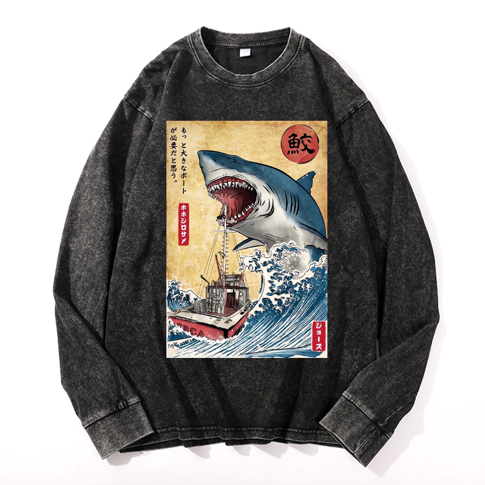 Shark Ukiyoe Vintage Cotton Wash Crewneck Long-Sleeve T-Shirt
