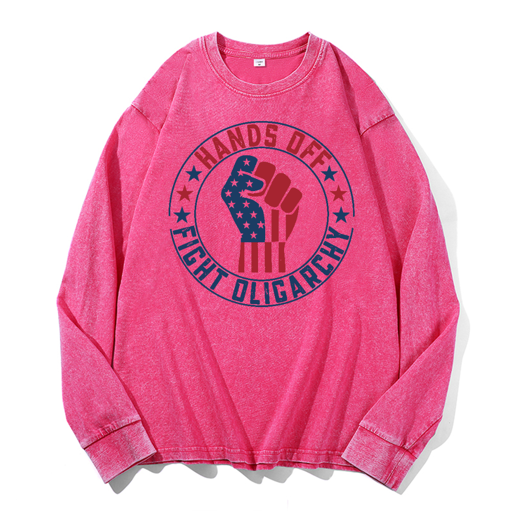 Hands Off Fight Oligarchy Vintage Cotton Wash Long-sleeve T-shirt