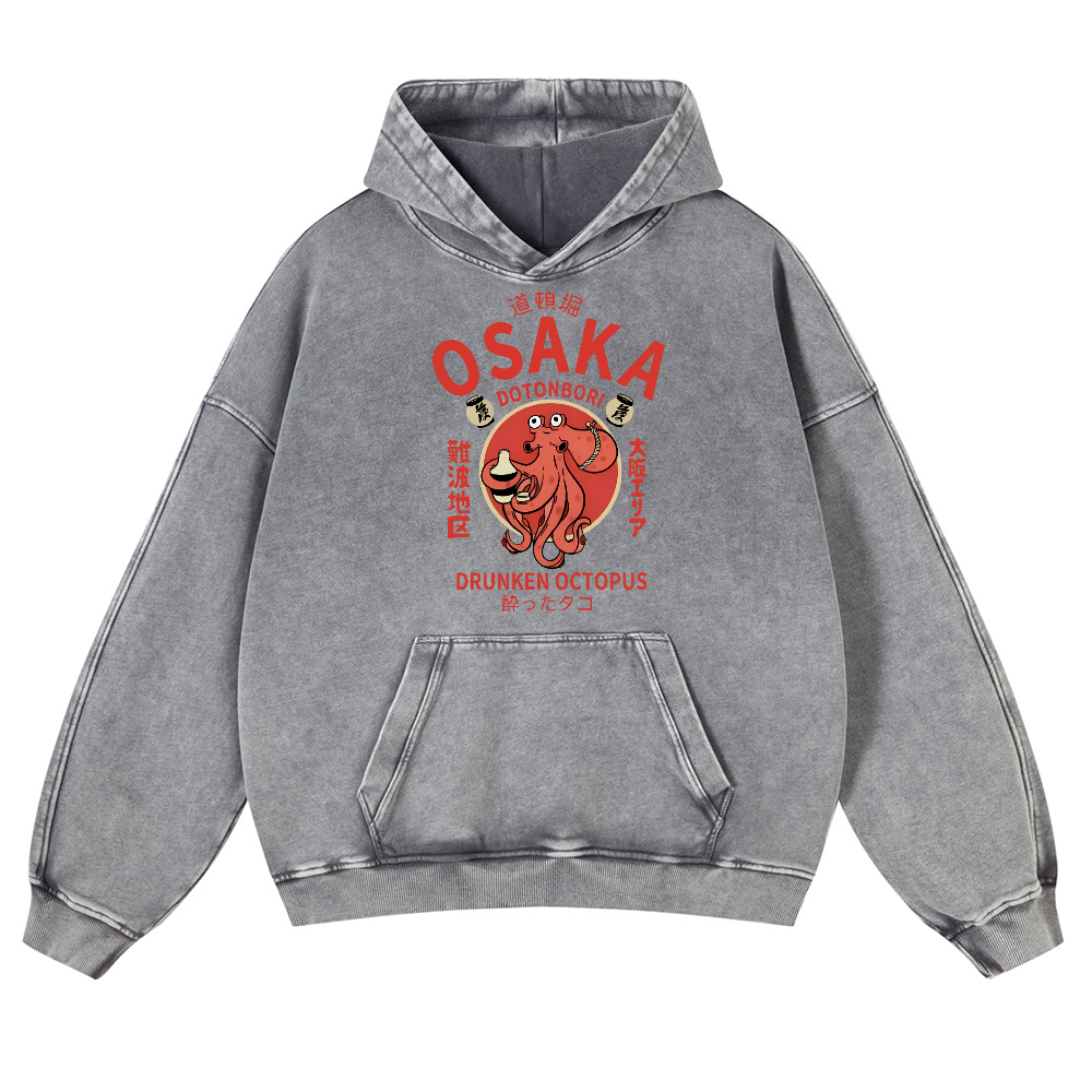 Osaka Dotonbori Drunken Octopus Vintage Washed Thick Cotton Hoodie