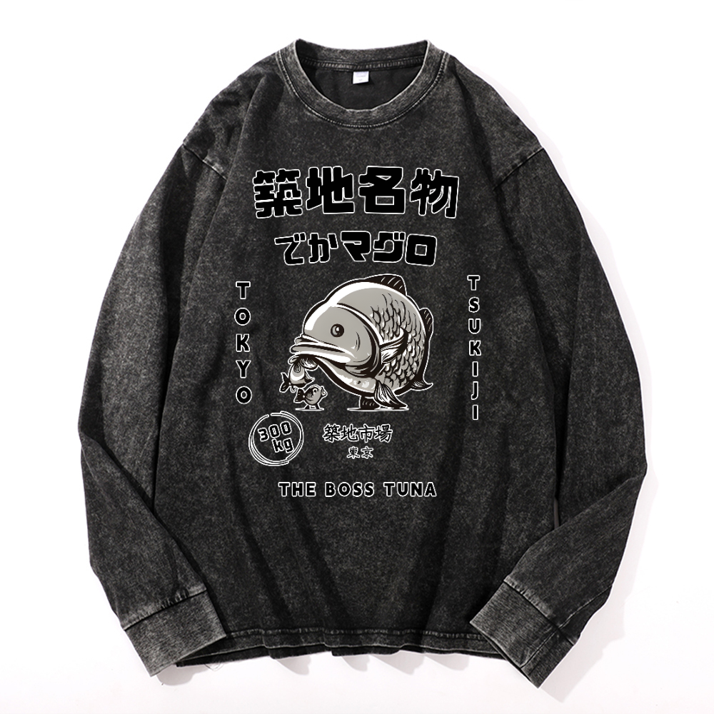 Tsukiji Market Vintage Cotton Wash Crewneck Long-Sleeve T-Shirt