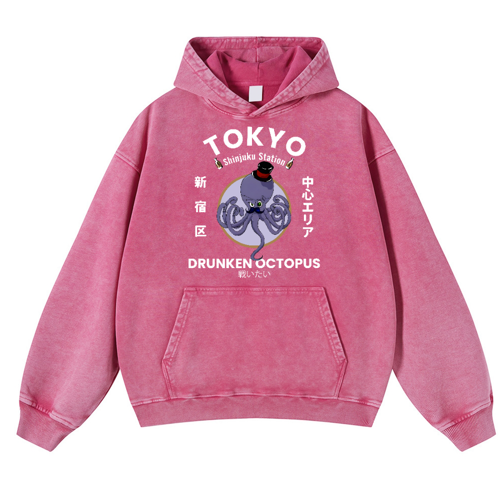 Tokyo Drunken Octopus Vintage Washed Thick Cotton Hoodie